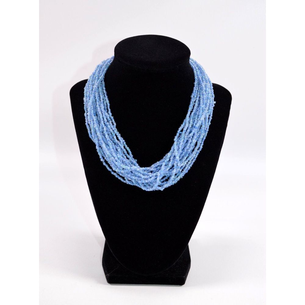 Beaded Multi Strand Necklace with Tiny Blue Beads 21"